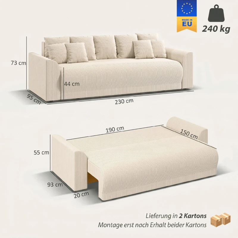 HOMCOM Schlafsofa 230 cm 3-Sitzer Sofa mit Schlaffunktion, Kissen, Stauraum, Cordstoff, Nosagunterfederung, für Wohnzimmer, Beige