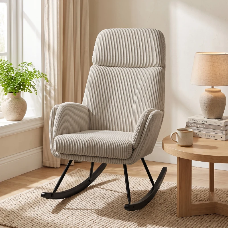 HOMCOM Sedia a Dondolo in Velluto a Coste con Schienale Alto, Seduta Ampia e Gambe in Legno, Beige