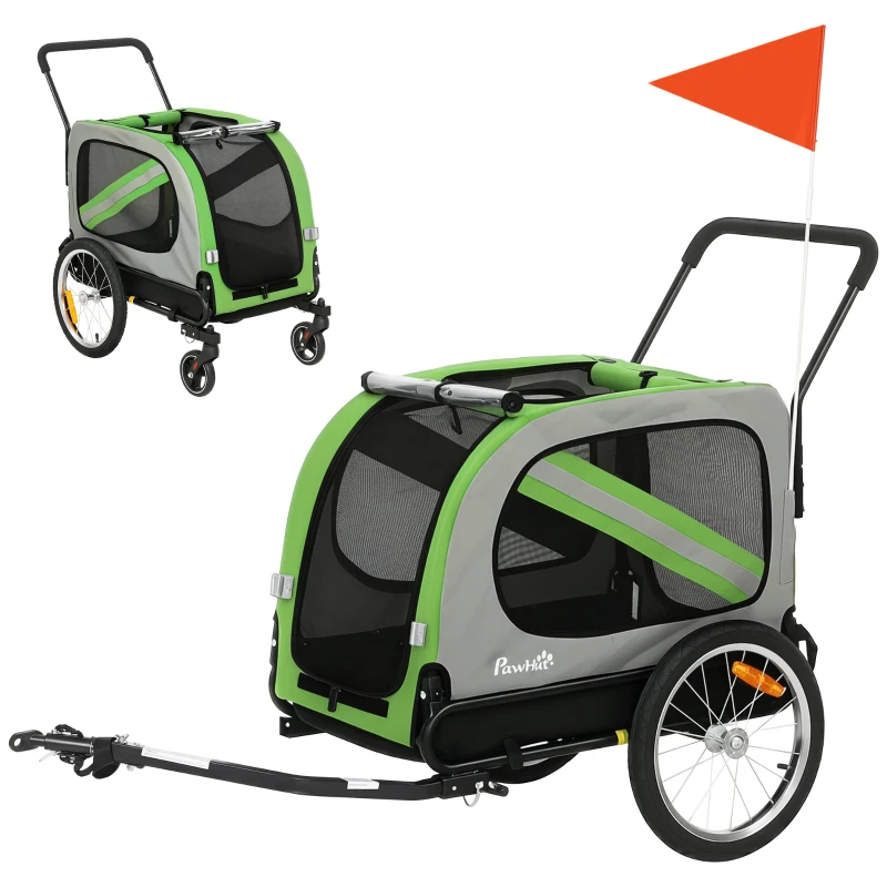 PawHut Rimorchio per bici per cani 2 in 1, pieghevole con cintura e riflettori, verde