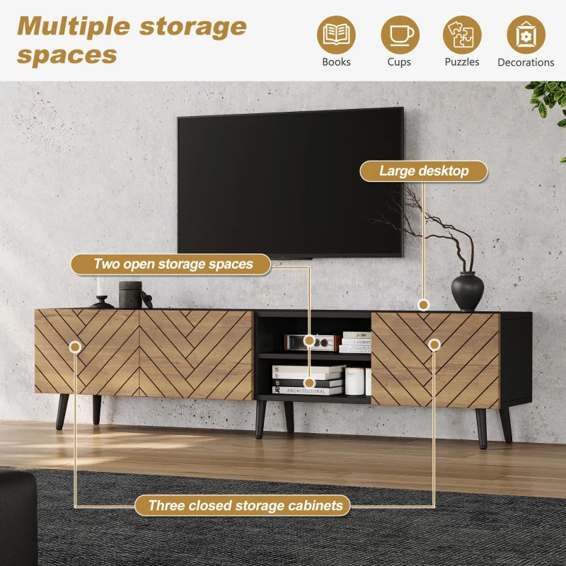 Modern Geometric TV Cabinet with Herringbone Fronts, Industrial-Style TV Stand with Solid Wood Legs, 180L x 33.5W x 45H cm, Black+Oak