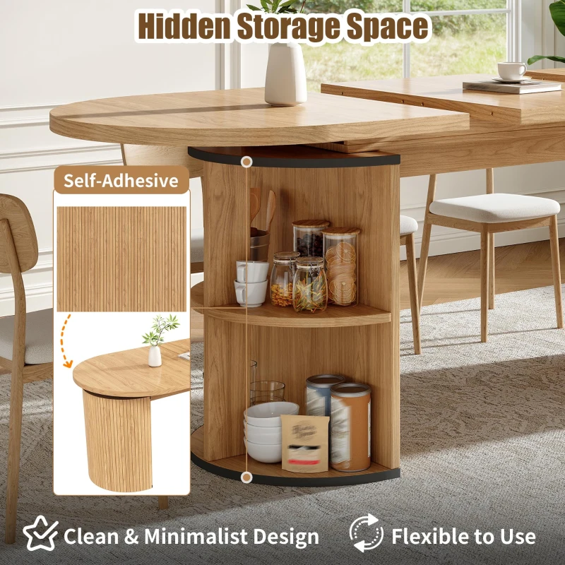 Extendable Dining Table with Vertically Grooved Legs, Space-Saving Dinner Table with Storage Compartment, 160L x 80W x 76H cm, Natural Wood