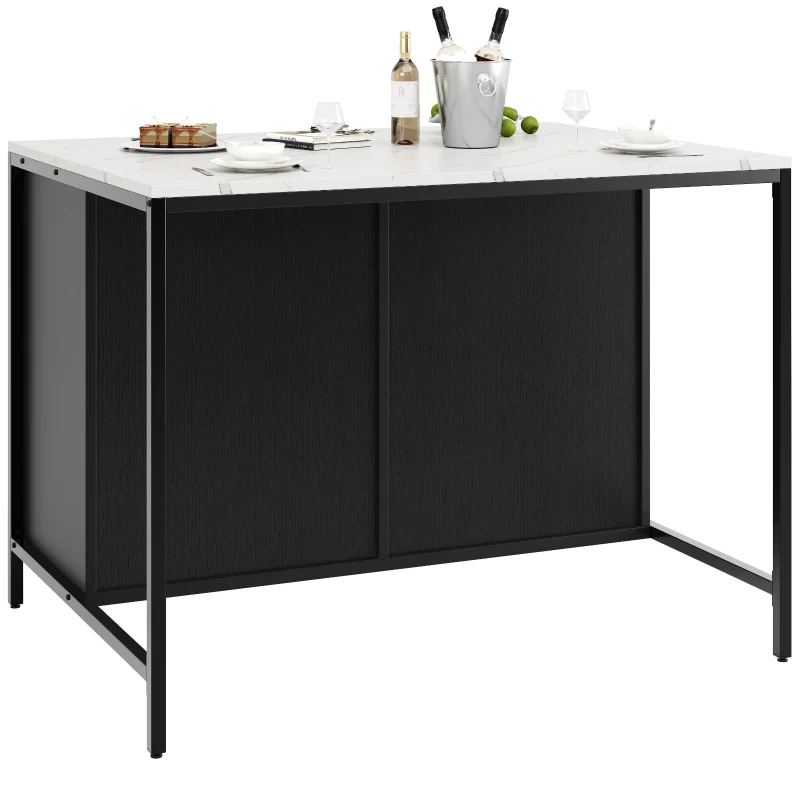Standing Bar Table with Marble-Effect MDF Top and Solid Iron Legs, Marble Kitchen Island Table with Adjustable Shelves, 100L x 90W x 90H cm, Black