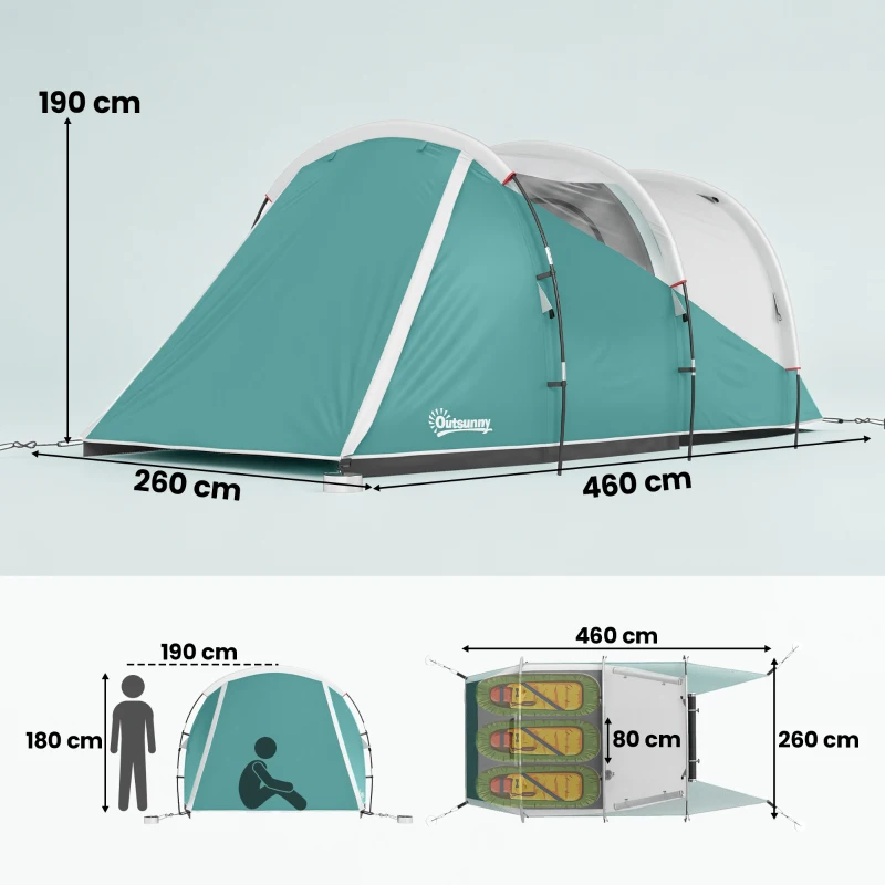 Outsunny Tenda da Campeggio 3 Posti Impermeabile a Tunnel con Borsa di Trasporto, 460x260x190 cm, Verde