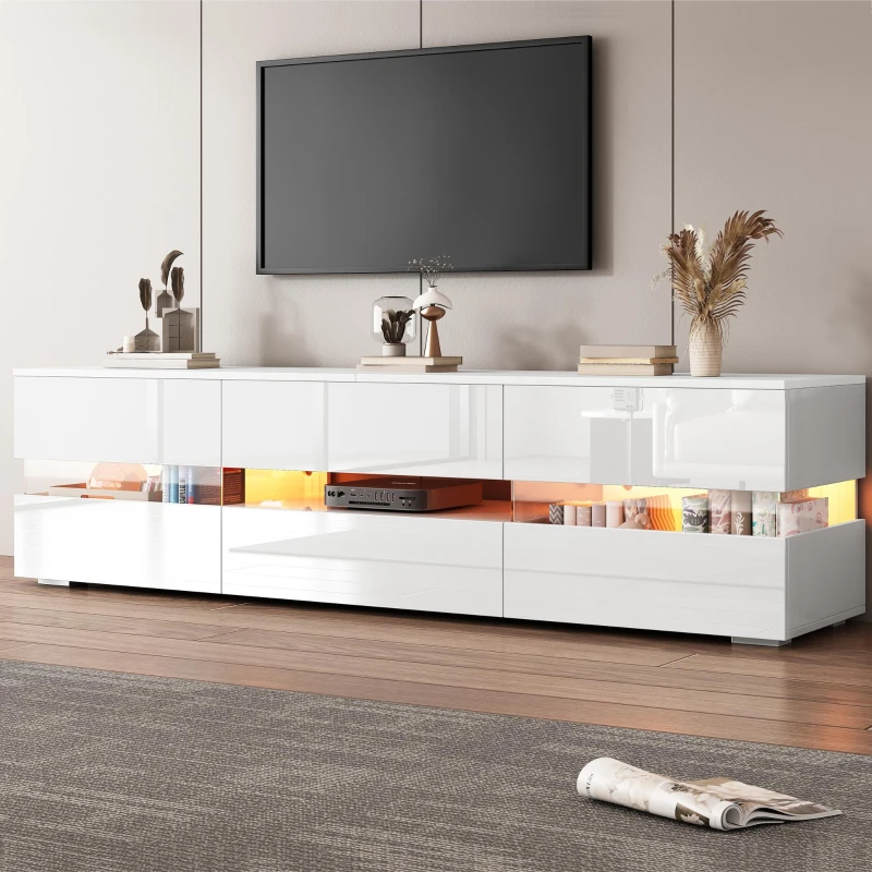 High-Gloss LED TV Cabinet with App-Controlled LED Lighting, Modern TV Stand with 2 Open Shelves, 160L x 38W x 50.5H cm, White