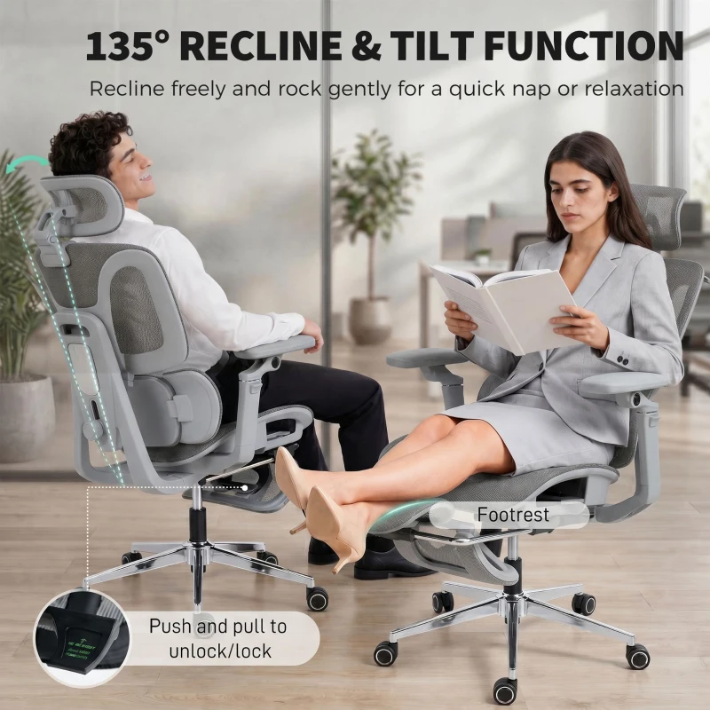 HOMCOM Ergonomischer Bürostuhl mit 6D-Armlehnen, Kopfstütze und verstellbarer Sitztiefe Maille Grau