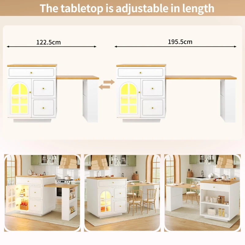Extendable Kitchen Island with LED Colour Lighting, Space-Saving Dining Bar with 4 Drawers and Open Shelf, 195.5L x 70W x 93.5H cm, White