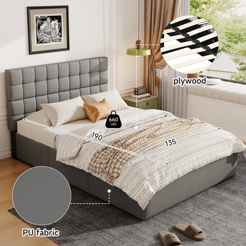 Elegant Upholstered Bed with Hydraulic Lift, Sturdy Storage Bed with 3 Storage Drawers, 202L x 148W x 100H cm, Grey