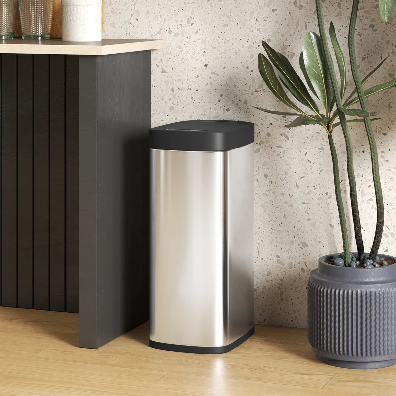 HOMCOM Coș de gunoi automat pentru bucătărie 50 L, coș cu senzor de mișcare, funcționează pe baterii, 26,5x35,5x68 cm, argintiu