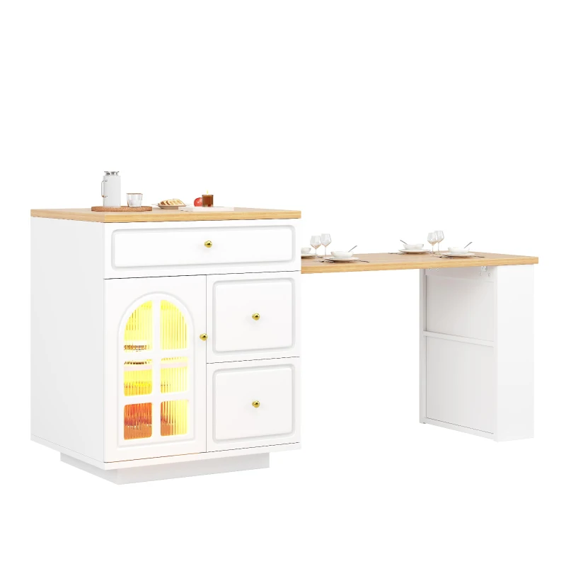 Extendable Kitchen Island with LED Colour Lighting, Space-Saving Dining Bar with 4 Drawers and Open Shelf, 195.5L x 70W x 93.5H cm, White