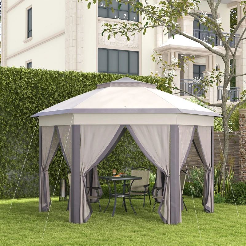 Outsunny Carpa Plegable 4x3,4 m con Doble Techo 6 Mosquiteras Extraíbles y Bolsa de Transporte Anti-UV Marrón y Beige