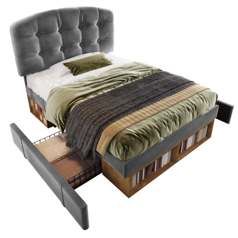 Upholstered Single Bed with Height-Adjustable Button-Tufted Headboard, Plush Grey Bed Frame with Built-In Drawers, 198L x 101W x 120H cm, Grey