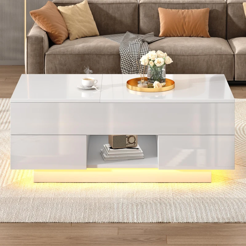 Lift-Top Coffee Table with App-Controlled RGB LED Lights, High-Gloss Center Table with Hidden Compartment, 100L x 45W x 43H cm, White