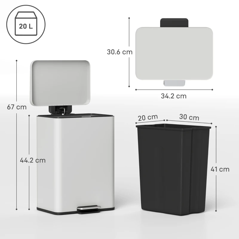 HOMCOM Coș de gunoi de bucătărie 20 L din metal, coș cu pedală, capac cu închidere moale, crem