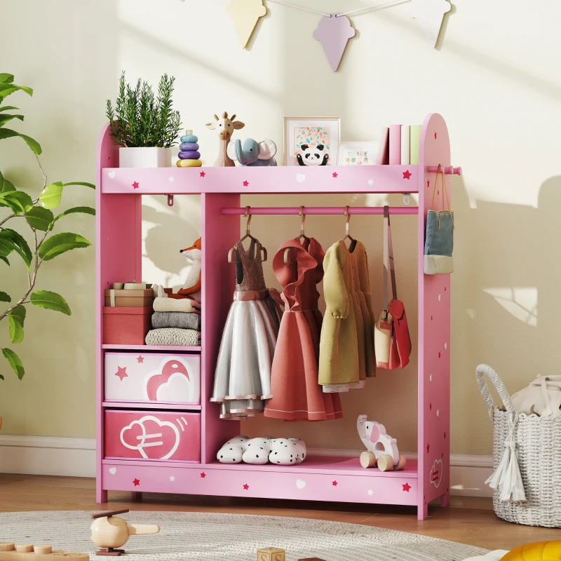 AIYAPLAY Kids Clothes Rail, Kids Wardrobe with Mirror, Shelves, Fabric Storage and Hooks for Bedroom, Nursery, Pink