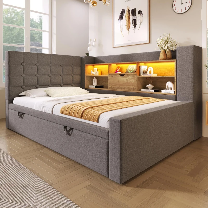 Upholstered Daybed with Pull-Out Trundle and Space-Saving Storage, Versatile Grey Linen Bed Frame with LED Lighting, 204L x 107W x 88H cm, Grey