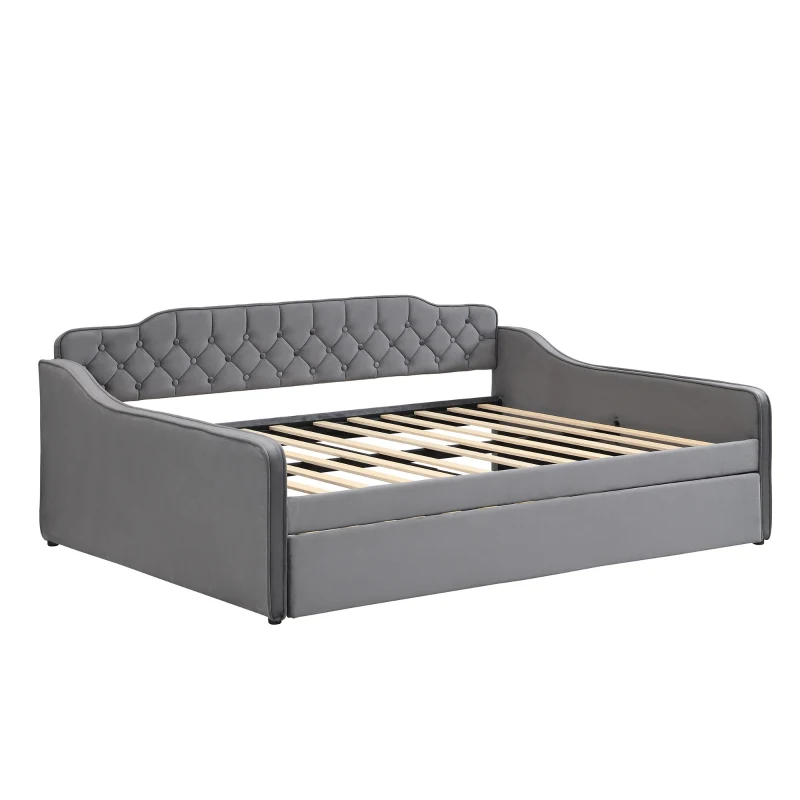 Space-Saving Upholstered 4ft6 Double Daybed with Pull-Out Trundle, Versatile Sofa Bed with Thick Foam Padding, 202L x 139.5W x 81.5H cm, Grey
