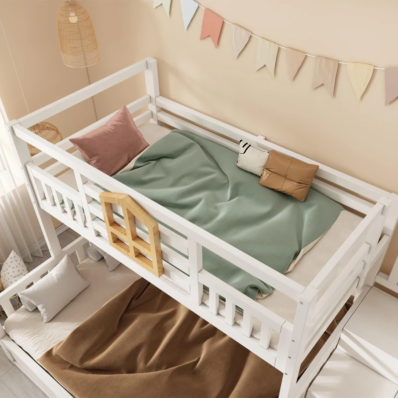 Twin Over Full Bunk Bed with Solid Pine and MDF Construction, Wooden Cabin Bed with Hydraulic Under-Bed Storage, 243L x 144W x 172H cm, White