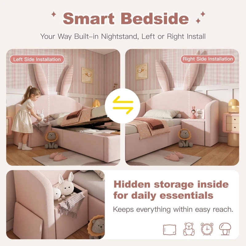 Bunny Ears Children's Upholstered Bed Frame with Hydraulic Storage, Rose Velvet Kids Bed with Thick Padded Headboard, 206L x 149W x 143H cm, Rose