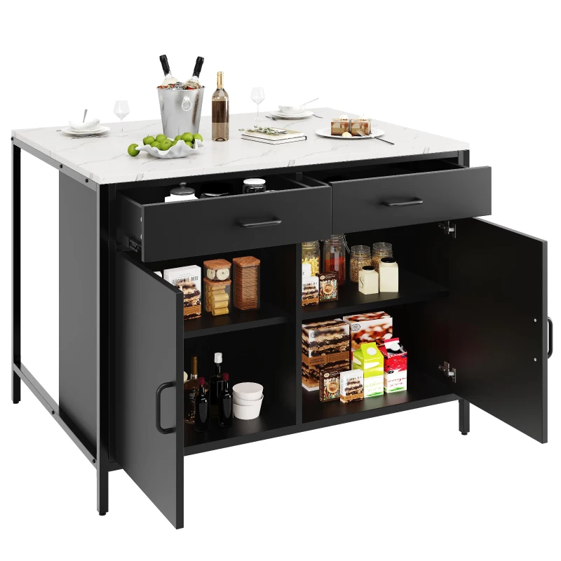 Standing Bar Table with Marble-Effect MDF Top and Solid Iron Legs, Marble Kitchen Island Table with Adjustable Shelves, 100L x 90W x 90H cm, Black