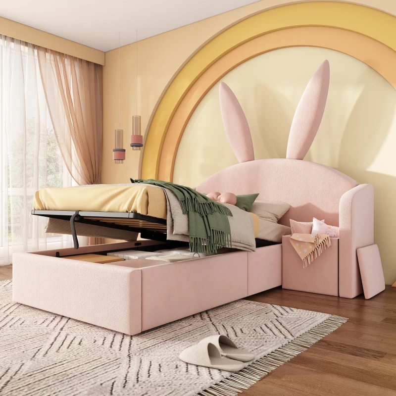 Bunny Ears Children's Upholstered Bed Frame with Hydraulic Storage, Rose Velvet Kids Bed with Thick Padded Headboard, 206L x 149W x 143H cm, Rose