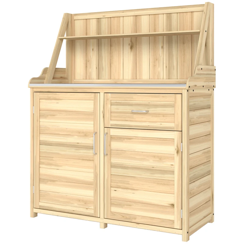 Outsunny Armoire de Jardin en Bois avec Plan de Travail en Métal Galvanisé Tiroir et Étagère 100x45x129,5cm Naturel