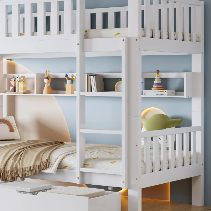 Space‑Saving Children's Bunk Bed with Safe Three-Step Ladder, Versatile Storage Bed with Under-Bed Sliding Drawers, 198L x 98W x 152H cm, White