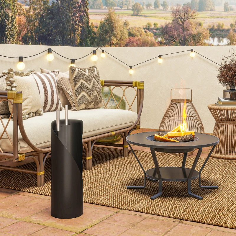 Outsunny 4 Pieces Fireplace Tools Set, Metal Fireplace Accessories Fireside Companion Set with Broom, Shovel, Poker and Bucket, Black
