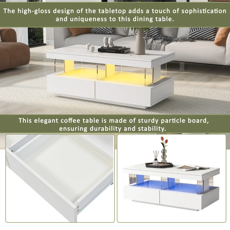 High-Gloss LED Coffee Table with App-Controlled Lights, Modern Center Table with Sleek Contemporary Design, 100L x 60W x 49.5H cm, White