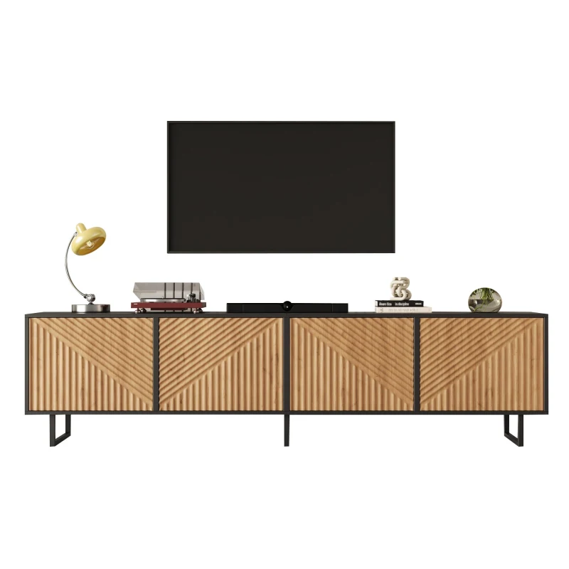 Modern 180cm TV Stand with Diagonal Fluted Doors, Industrial-Style Lowboard for up to 80-Inch TVs, 180L x 40W x 50H cm, Black+Wood