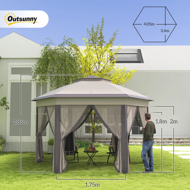 Outsunny Carpa Plegable 4x3,4 m con Doble Techo 6 Mosquiteras Extraíbles y Bolsa de Transporte Anti-UV Marrón y Beige