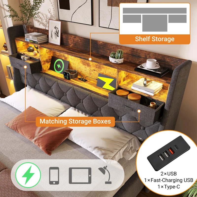 Upholstered Hydraulic Bed with LED Ambient Lighting, Linen Grey Bed Frame with Storage Headboard, 208L x 147W x 116H cm, Grey