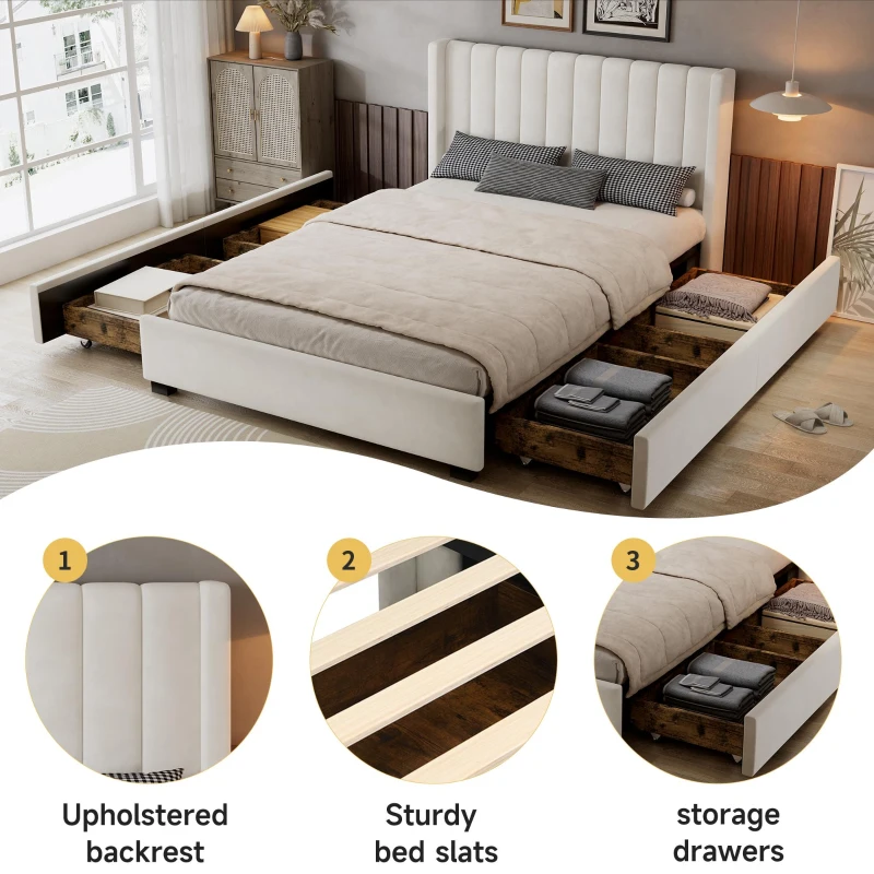Upholstered Double Bed with Soft Padded Headboard, Practical Storage Bed with Smooth Castors, 200L x 142W x 118.5H cm, Beige