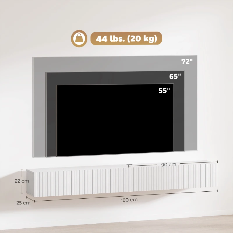 HOMCOM Hängendes TV-Möbel 180cm, TV-Möbel für Fernseher bis zu 183 cm, 2 Klapptüren, 180x25x22cm, weiß