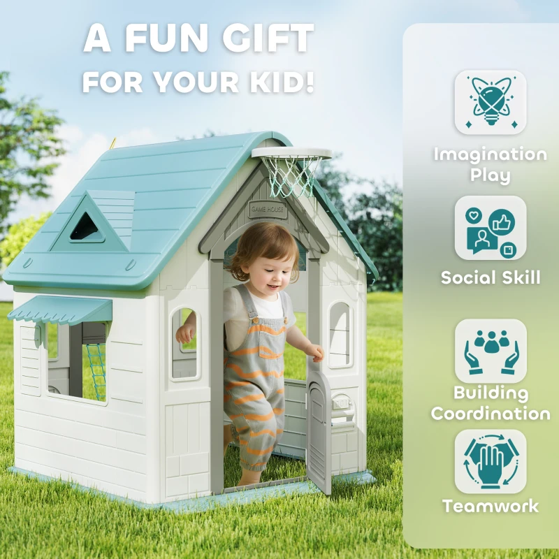 AIYAPLAY 5-in-1 Playhouse for Kids Outdoor Indoor with Basketball Hoop, Football Goal, Dartboard, Ring Toss for 2-5 Years, Beige