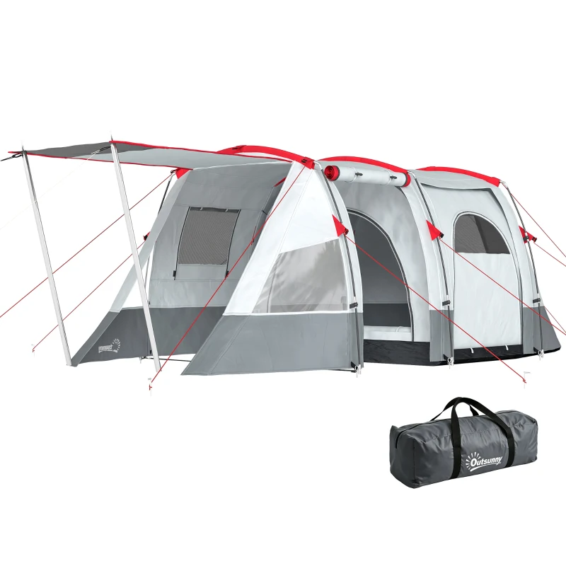 Outsunny Tente de camping familiale 3 personnes, tente tunnel imperméable, portes + fenêtres, 5,1 x 2,4 x 1,8 cm, gris clair