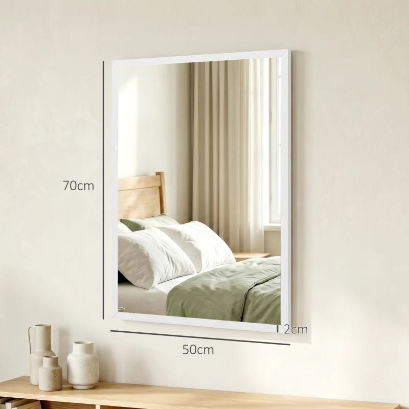 HOMCOM Oglindă de Perete Dreptunghiulară cu Cârlige, din Sticlă și MDF, 50x70 cm, Alb