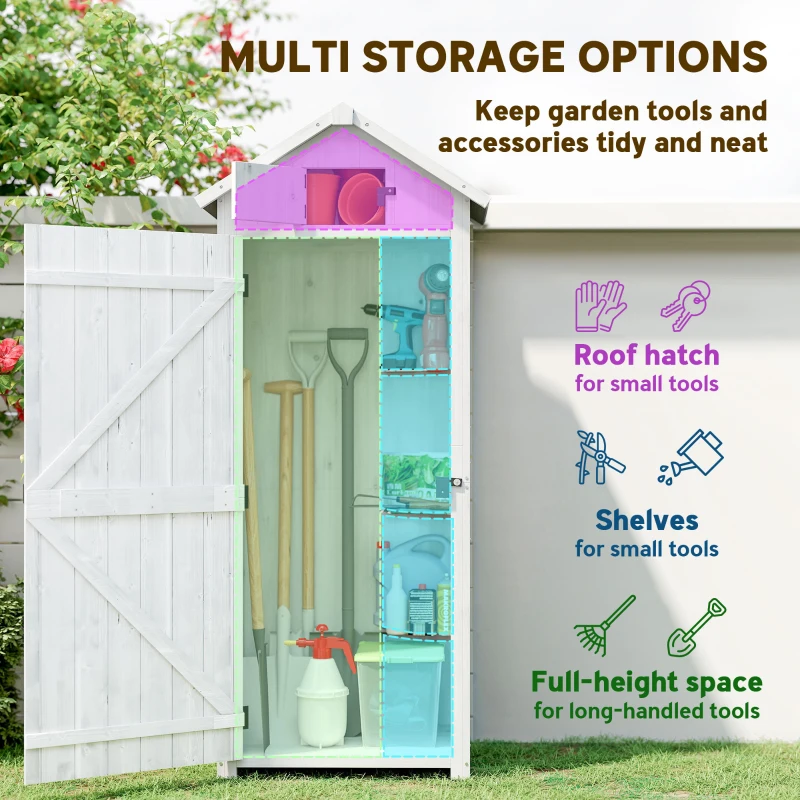 Outsunny Small Shed, Tall Slim Wooden Garden Shed with 3 Removable Shelves and Roof Hatch, Compact Outdoor Tool Storage Cabinet with Asphalt Roof and Door Latch, 77 x 54.2 x 179 cm, Light Grey