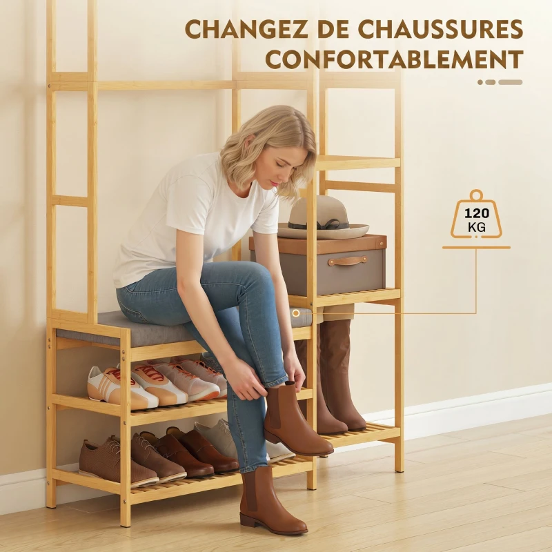 HOMCOM Meuble d'entrée en bambou, vestiaire d'entrée, banc, assise rembourrée, 10 crochets, tringle, 104x33x175cm, naturel