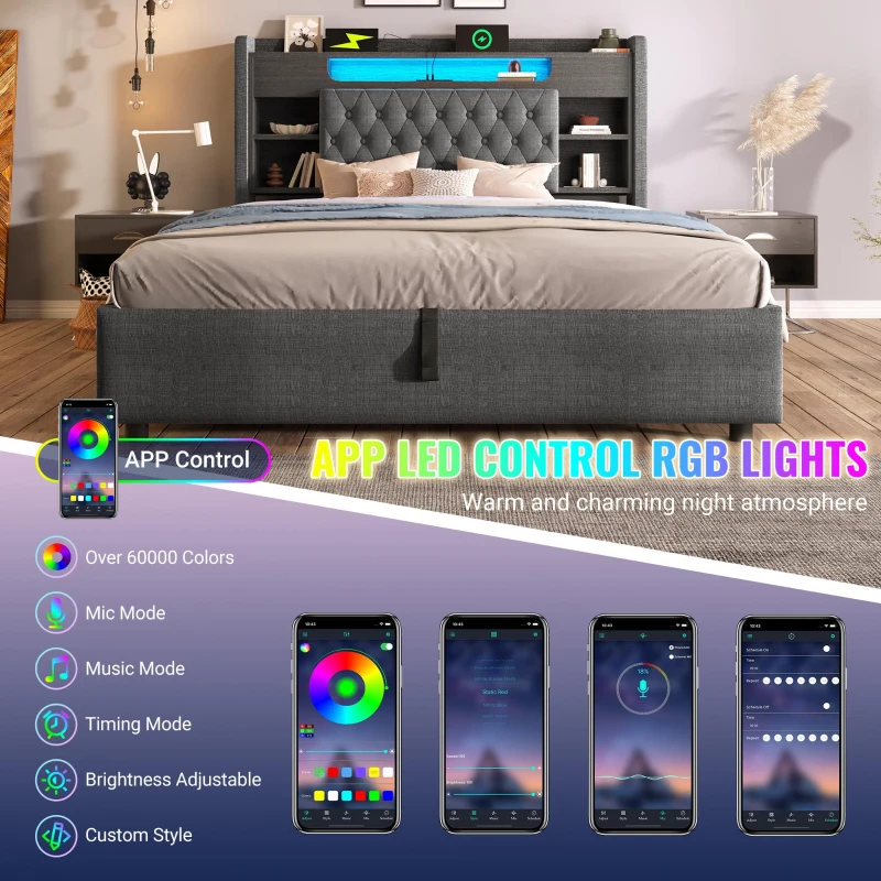 Upholstered Linen Bed Frame with Ambient LED Lighting, 4ft6 Double Bed with Hydraulic Under-Bed Storage, 213L x 143W x 115H cm, Grey