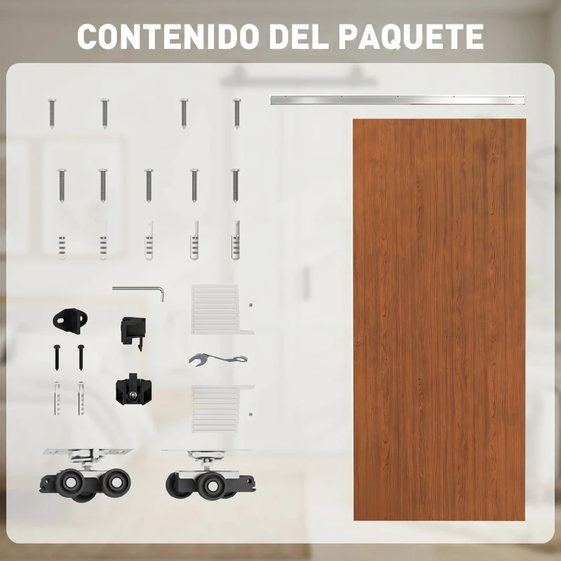 HOMCOM Puerta Corredera con Herrajes 90x210 cm con Rodillo Riel de Aluminio Guía de Suelo Marrón
