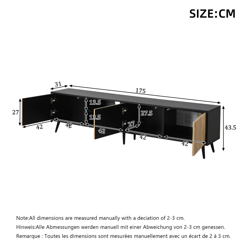 Mid-Century TV Cabinet with Smart App LED Lighting, Modern TV Stand with Built-In Cable Management, 175L x 31W x 43.5H cm, Black+Wood