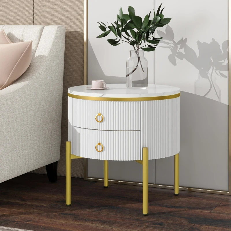 Modern Side Table with Marble-Effect Top and 2 Drawers, Durable Coffee Table with Adjustable Legs, 50L x 50W x 51H cm, White