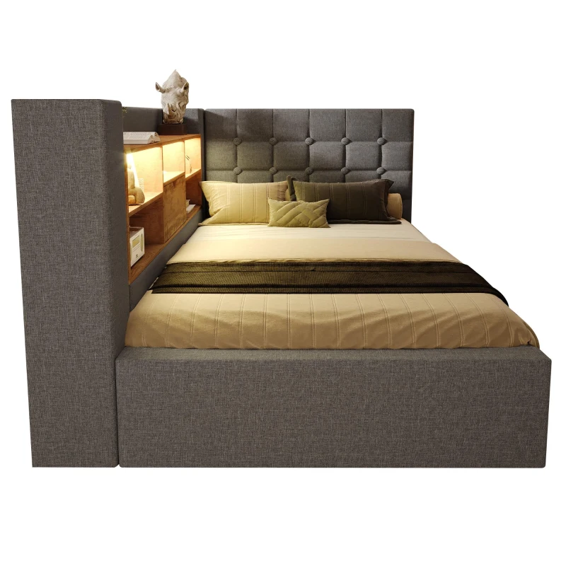 Upholstered Single Bed with Interchangeable L‑shaped Headboard, Stylish Linen Bed Frame with Hydraulic Storage, 203L x 108W x 86H cm, Grey