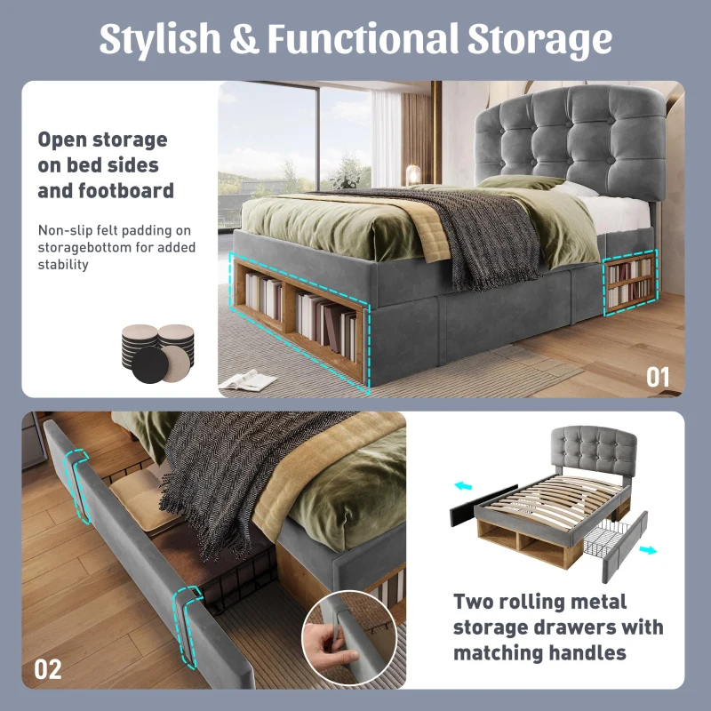 Upholstered Single Bed with Height-Adjustable Button-Tufted Headboard, Plush Grey Bed Frame with Built-In Drawers, 198L x 101W x 120H cm, Grey