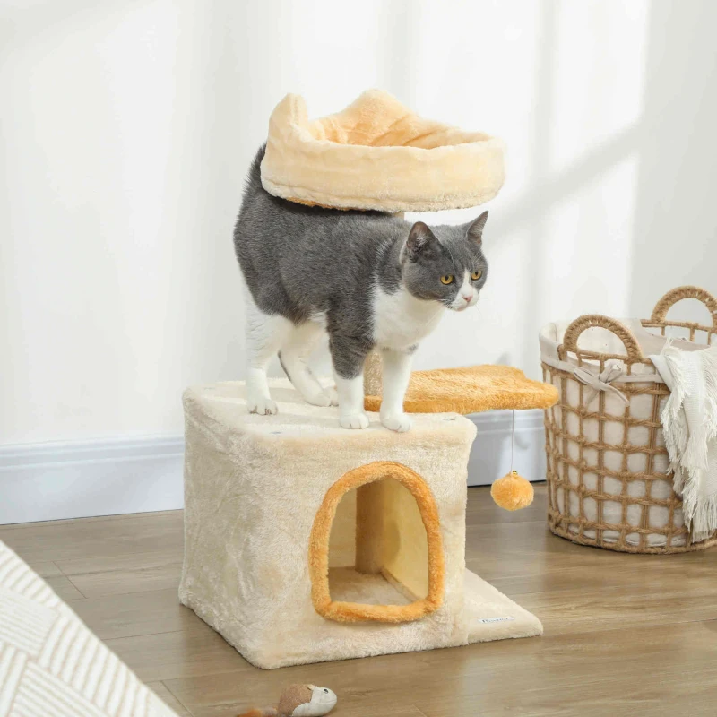 PawHut Albero Tiragraffi per Gatti con Posatoio e Casetta, in Legno, Peluche e Sisal, 40x30x72 cm, Beige e Giallo