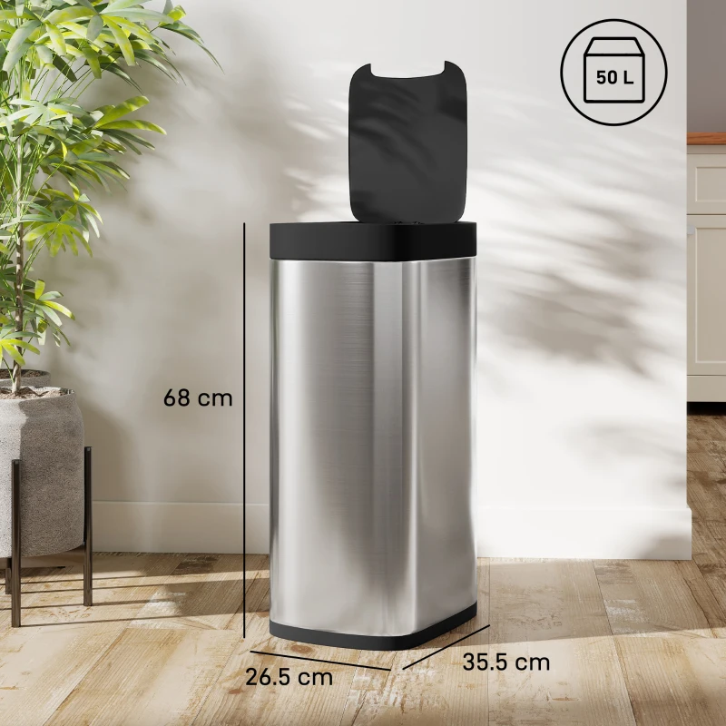 HOMCOM Coș de gunoi automat pentru bucătărie 50 L, coș cu senzor de mișcare, funcționează pe baterii, 26,5x35,5x68 cm, argintiu