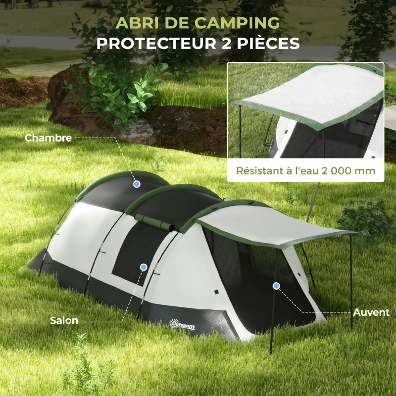 Outsunny Tente de camping familiale 2 pers. - tente tunnel avec porche étanche 3000 mm ventilée facile à monter