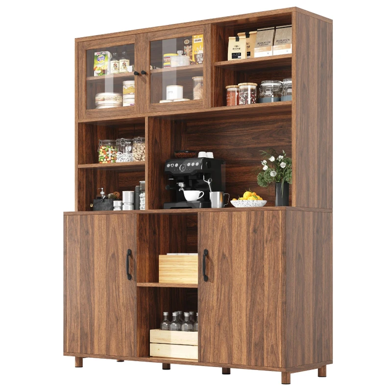 Tall Cabinet with Silent Sliding Toughened Glass Doors, Dining Room Sideboard with Metal Construction, 140L x 40W x 185H cm, Walnut Brown