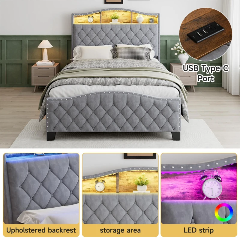 Upholstered 4ft6 Double Bed with Built-in Bedside Storage, Sturdy Storage Bed with Colourful LED Light Strip, 210L x 140.5W x 124H cm, Grey