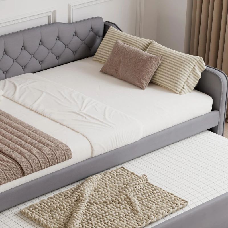 Space-Saving Upholstered 4ft6 Double Daybed with Pull-Out Trundle, Versatile Sofa Bed with Thick Foam Padding, 202L x 139.5W x 81.5H cm, Grey